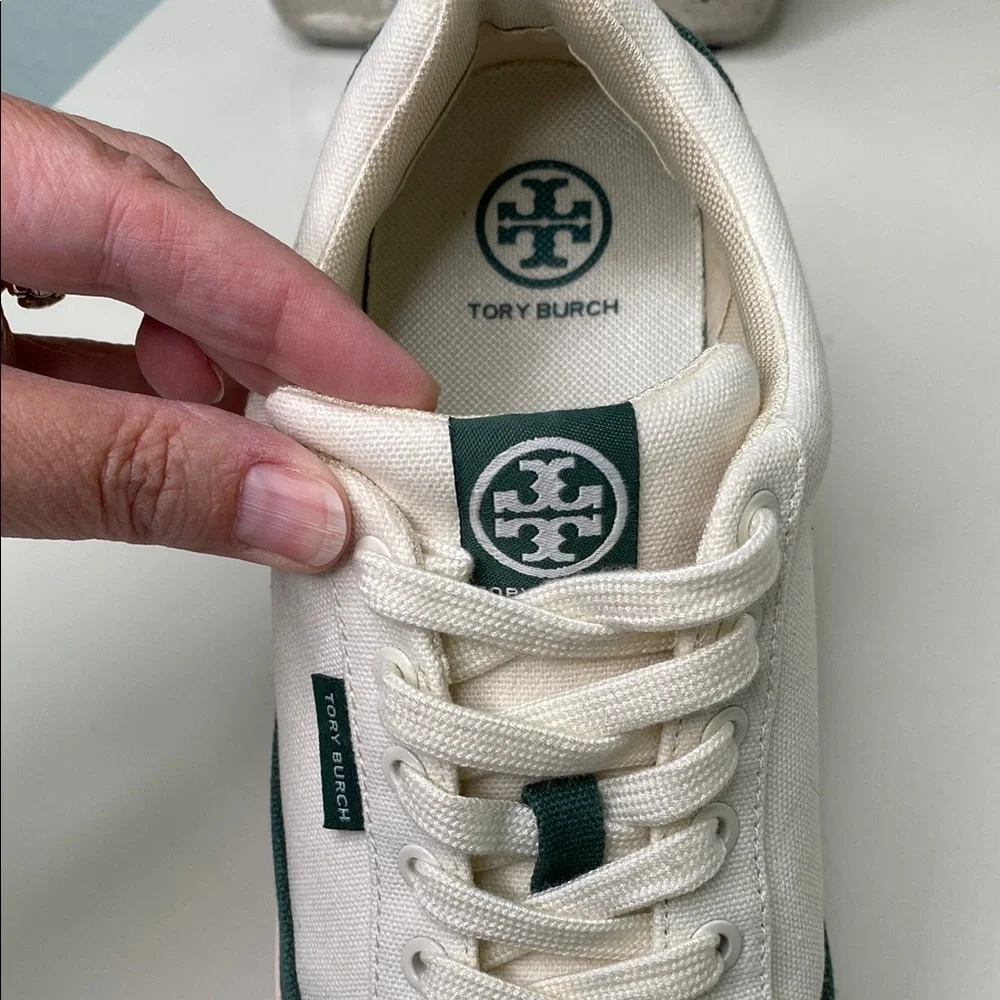 Tory Burch Howell Court Sneakers Womens White Green 8M Canvas‎ Low Top Preppy